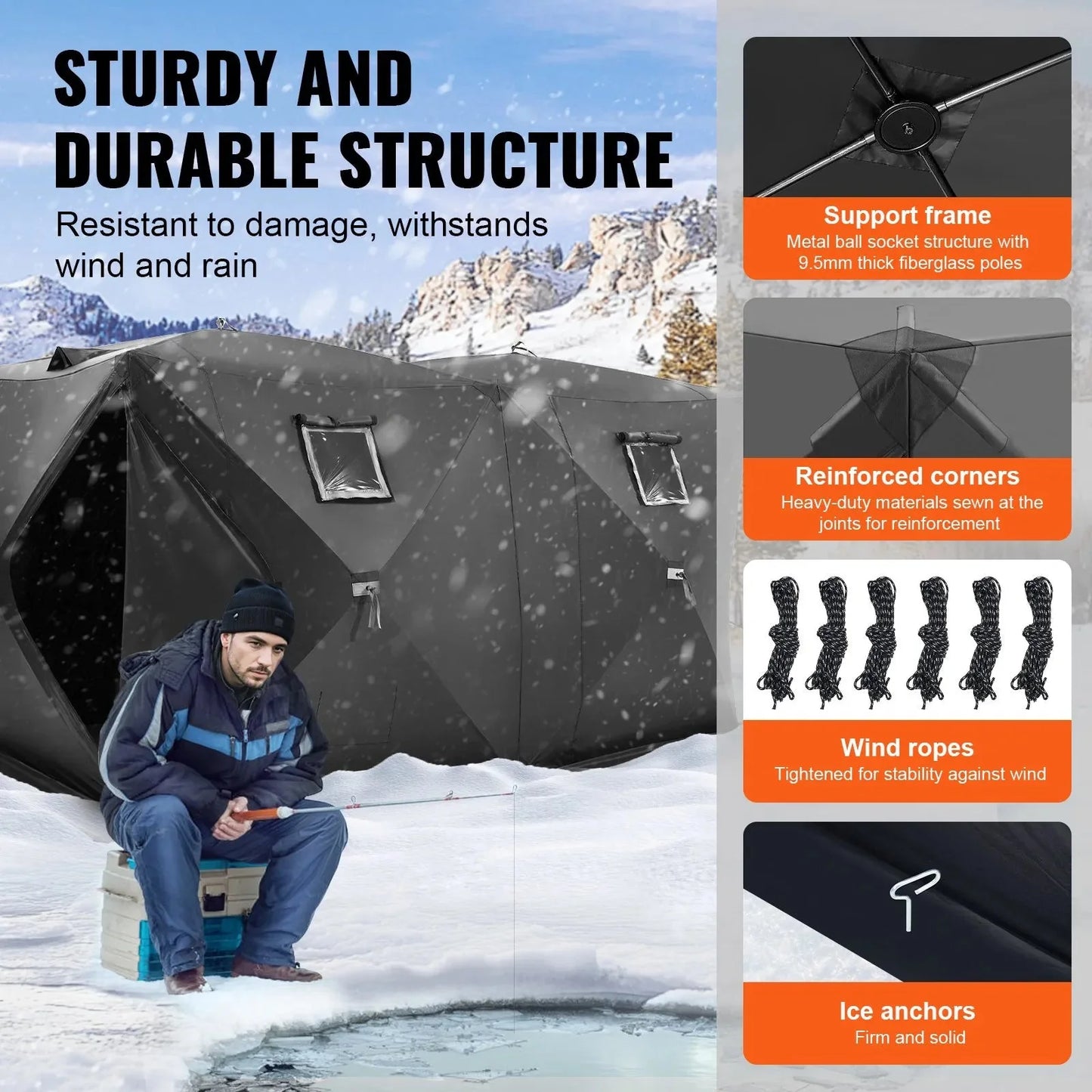 VEVOR Portable Ice Shelter, 6-8 Person Pop-Up Ice Fishing Tent, 70 Square Feet Fishable Area, Ice Shanty for Winter Fishing, Waterproof Oxford Ice Cube with Anchors/Ropes/Carrying Bag, 142"x71" Black