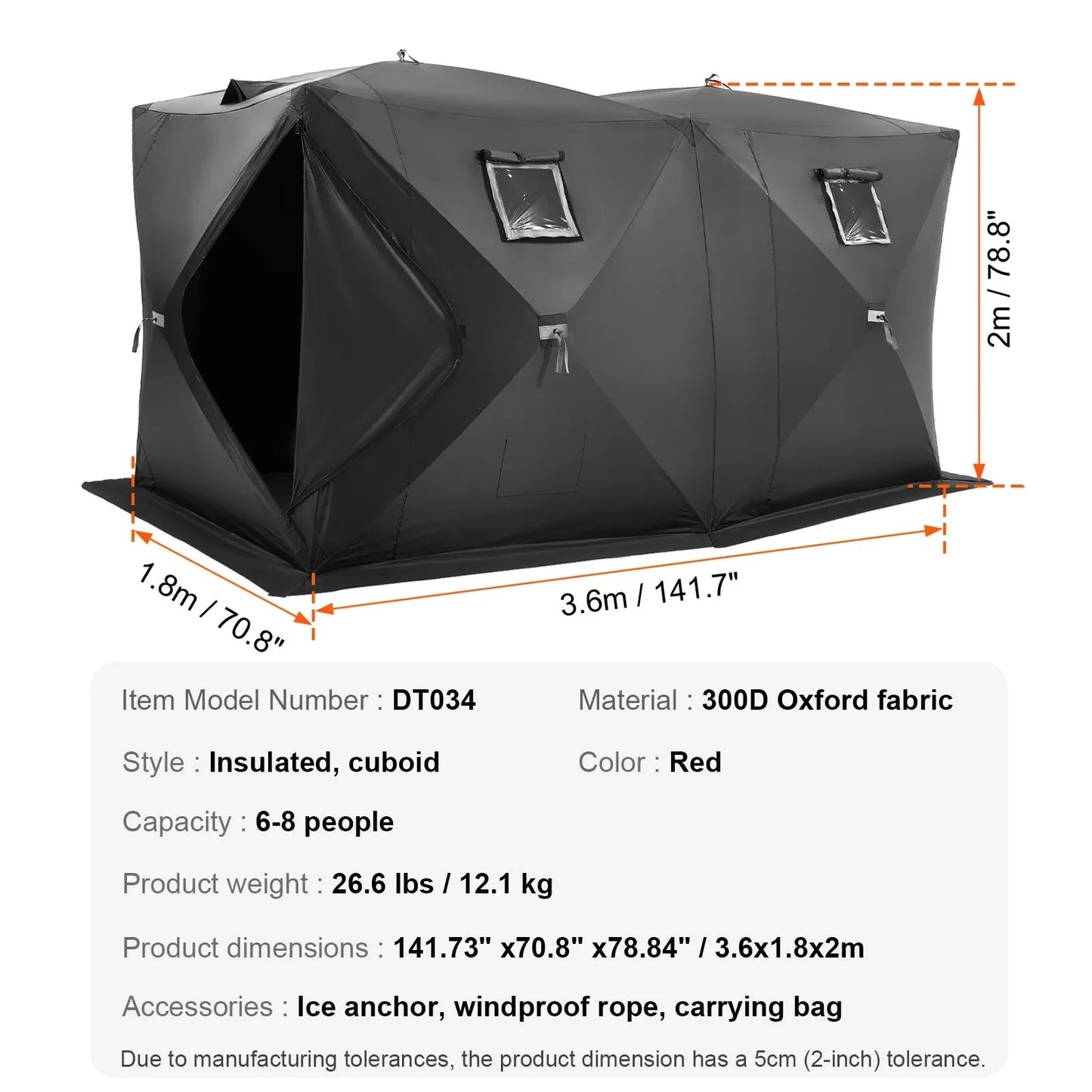 VEVOR Portable Ice Shelter, 6-8 Person Pop-Up Ice Fishing Tent, 70 Square Feet Fishable Area, Ice Shanty for Winter Fishing, Waterproof Oxford Ice Cube with Anchors/Ropes/Carrying Bag, 142"x71" Black
