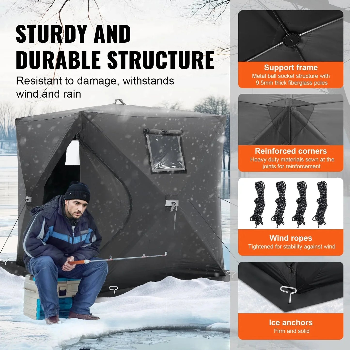VEVOR Portable Ice Shelter, 1-2 Person Pop-Up Ice Fishing Tent, 24 Square Feet Fishable Area, Ice Shanty for Winter Fishing, Waterproof Oxford Ice Cube with Anchors/Ropes/Carrying Bag, 60"x60", Black
