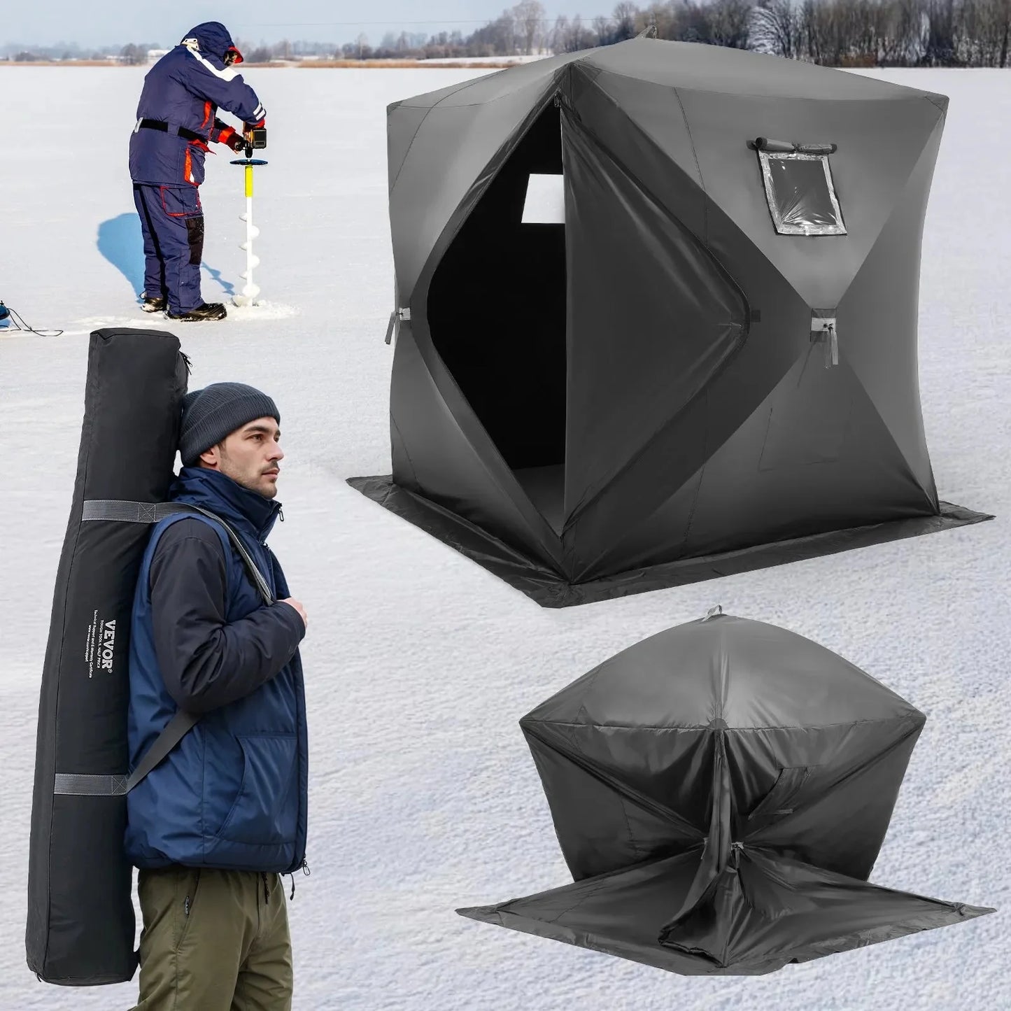 VEVOR Portable Ice Shelter, 3-4 Person Pop-Up Ice Fishing Tent, 35 Square Feet Fishable Area, Ice Shanty for Winter Fishing, Waterproof Oxford Ice Cube with Anchors/Ropes/Carrying Bag, 71"x71", Black