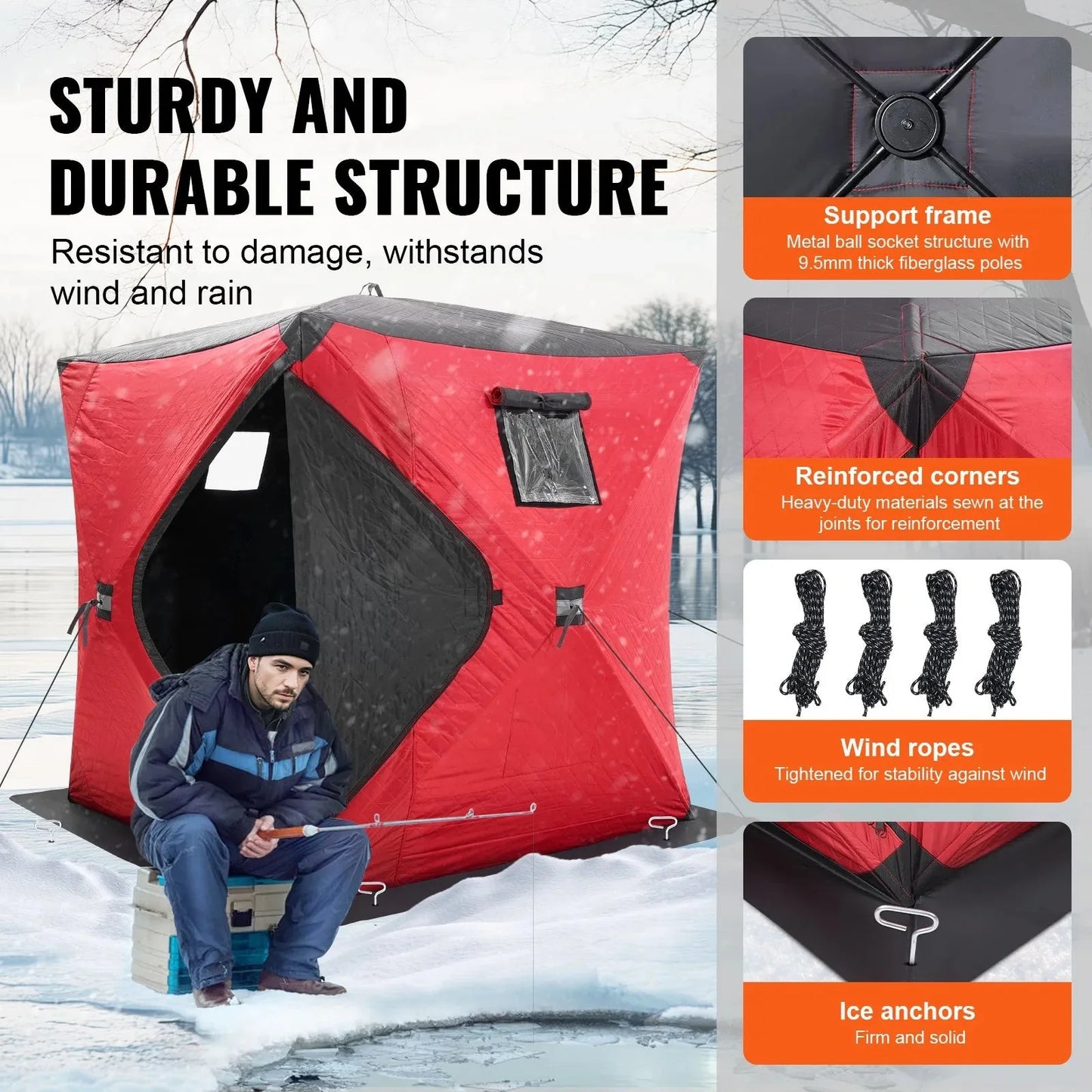 VEVOR Portable Ice Shelter, 3-4 Person Insulated Pop-Up Ice Fishing Tent, 35 Square Feet Fishable Area, Thermal Ice Shanty for Winter Fishing, Ice Cube with Anchors, Ropes, Carrying Bag, 71"x71", Red