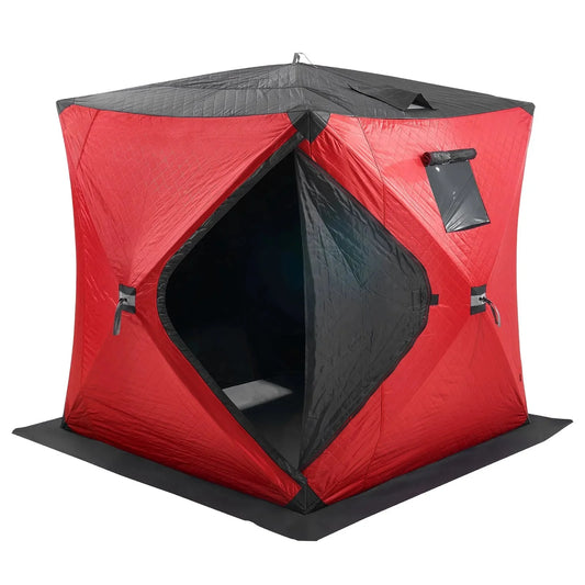 VEVOR Portable Ice Shelter, 3-4 Person Insulated Pop-Up Ice Fishing Tent, 35 Square Feet Fishable Area, Thermal Ice Shanty for Winter Fishing, Ice Cube with Anchors, Ropes, Carrying Bag, 71"x71", Red