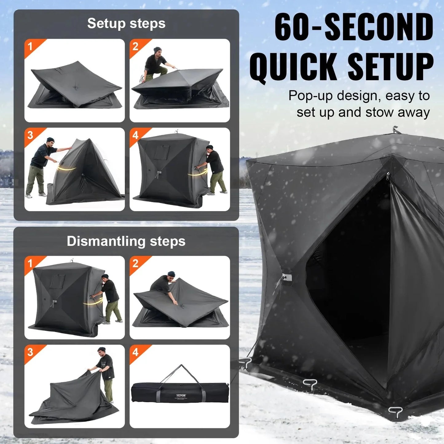 VEVOR Portable Ice Shelter, 3-4 Person Pop-Up Ice Fishing Tent, 43 Square Feet Fishable Area, Ice Shanty for Winter Fishing, Waterproof Oxford Ice Cube with Anchors/Ropes/Carrying Bag, 90"x90", Black