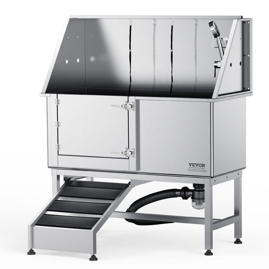VEVOR 62" Pet Dog Bathing Station w/Ramp, Professional Stainless Steel Dog Grooming Tub w/ Soap Box, Faucet,Rich Accessory,Bathtub for Large,Medium,Small Pet, Washing Sink for Home(Left)
