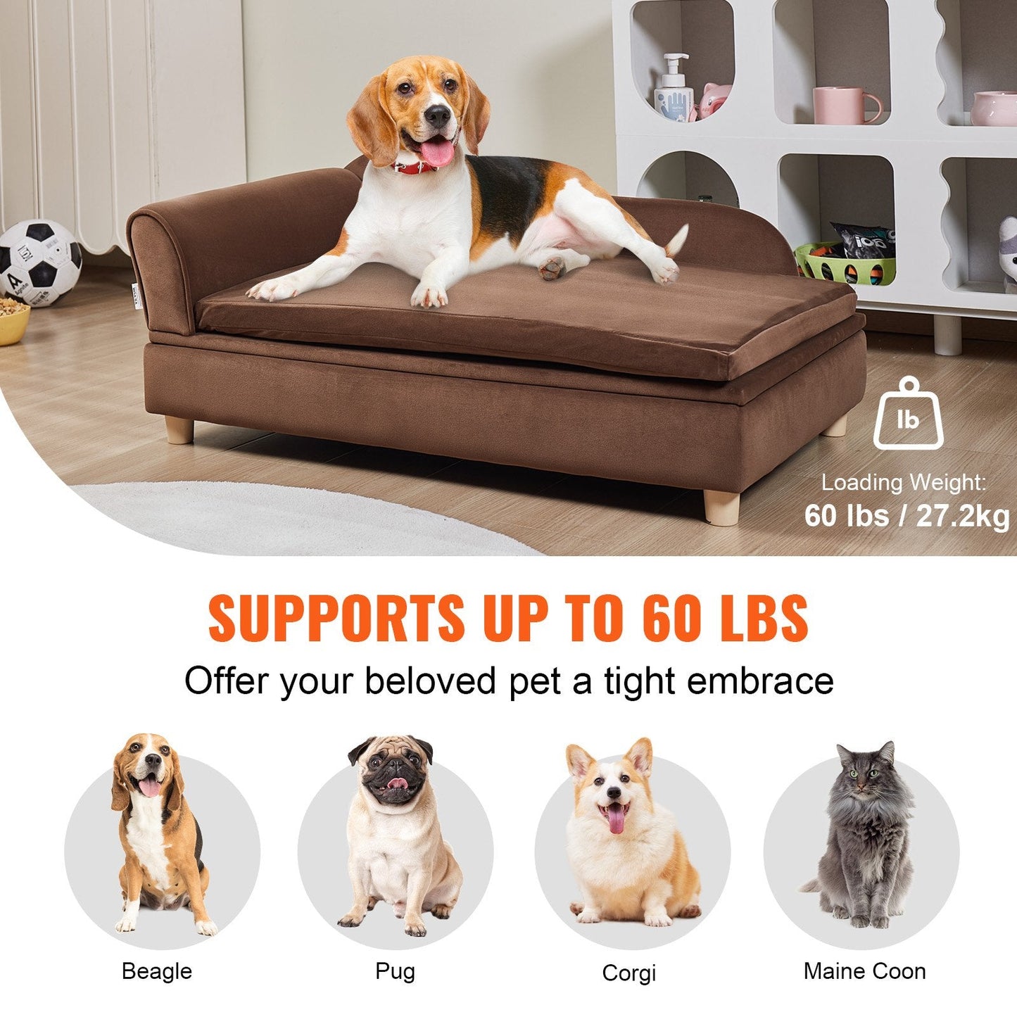 VEVOR Pet Sofa, Dog Couch for Large-Sized Dogs and Cats, Soft Velvety Dog Sofa Bed, 110 lbs Loading Cat Sofa, Dark Brown