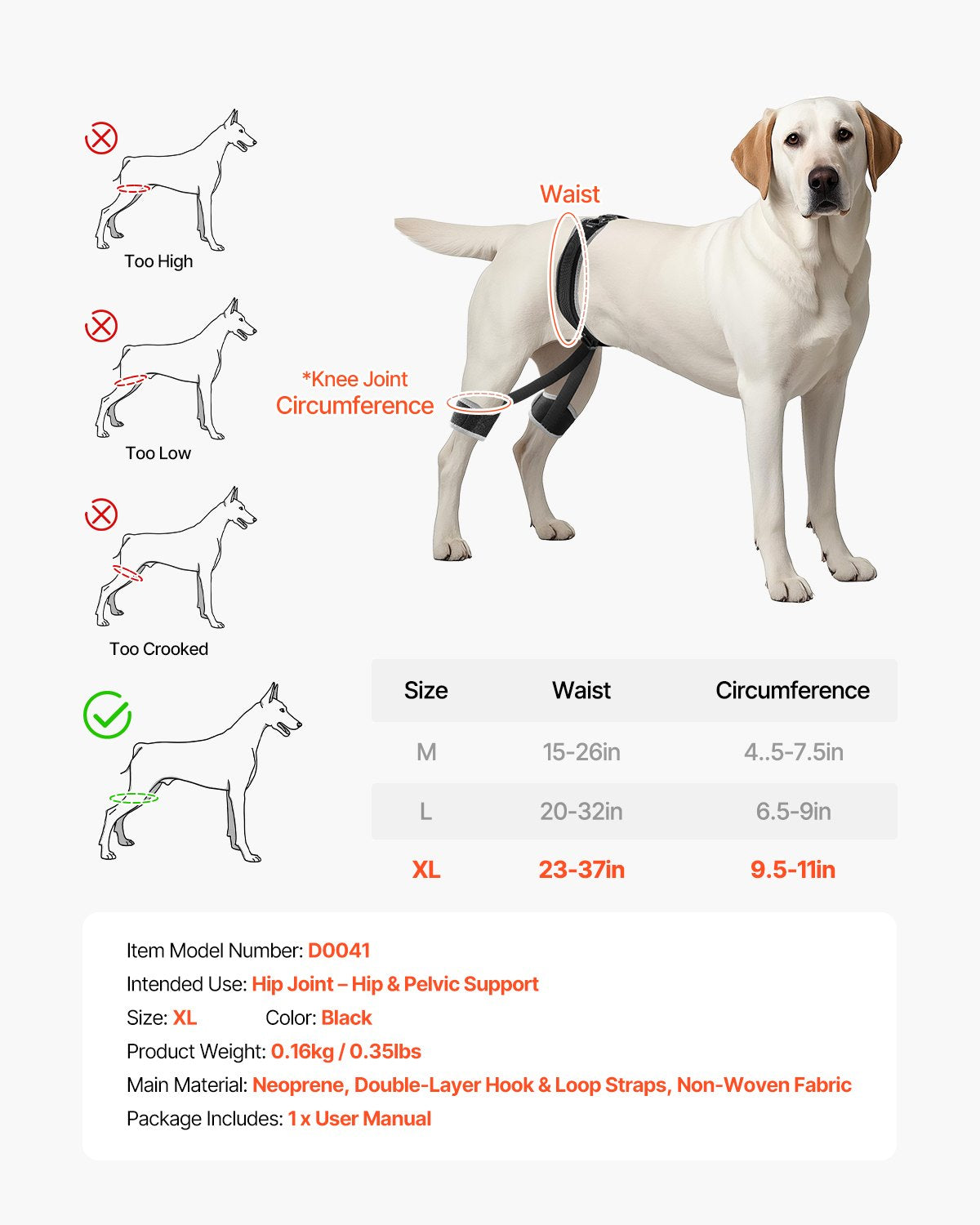 VEVOR Dog Hip Support Brace Pet Hip Dysplasia Brace Harness Joint Pain Relief