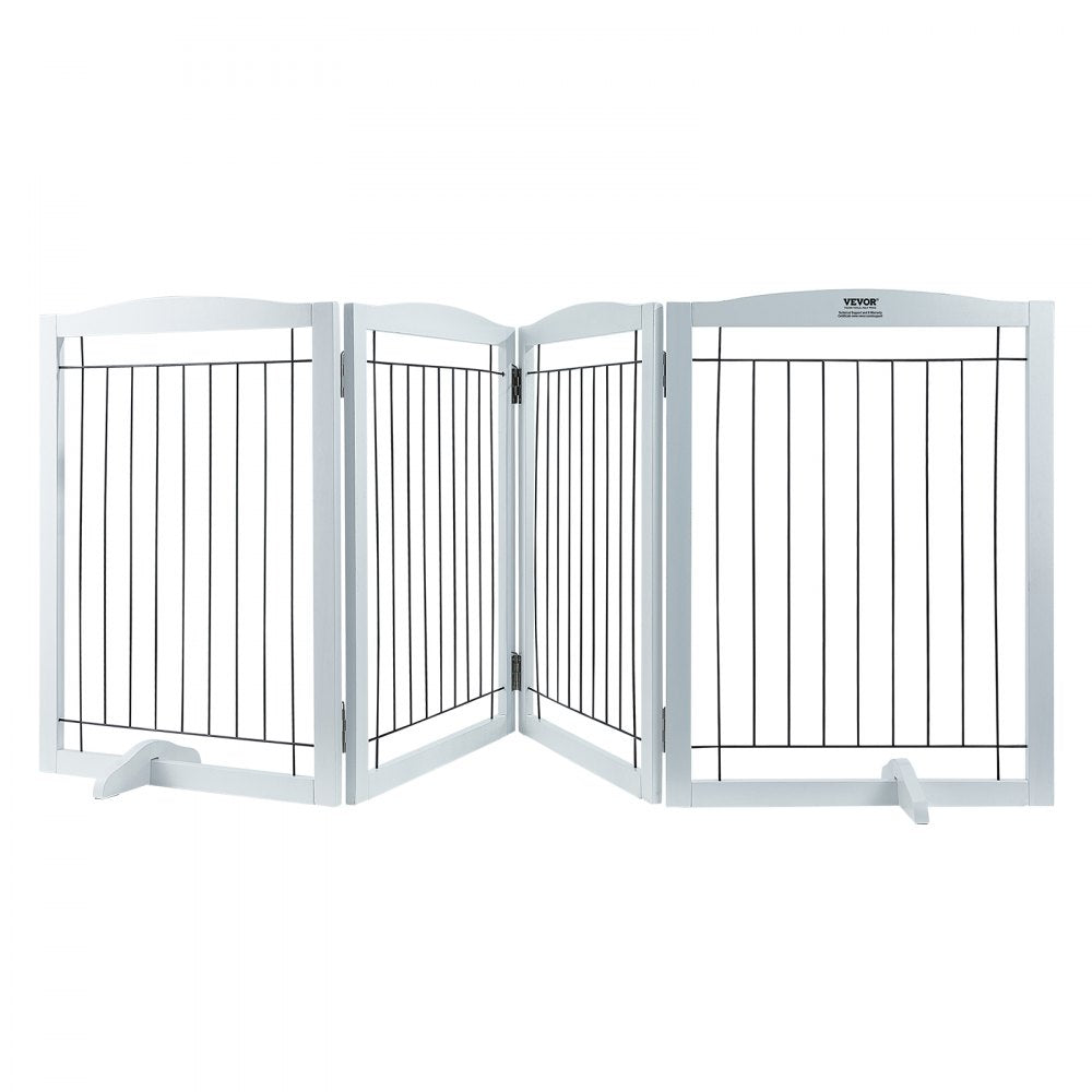 VEVOR Free Standing Dog Gate, 32" H x 96.5" W Freestanding Pet Gate, 4 Panels Foldable Dog Gate for Wide and Narrow Passageways, Expandable Dog Barrier with Silent Foot Support for Indoor, White