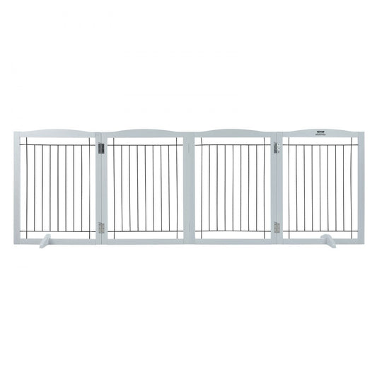 VEVOR Free Standing Dog Gate, 32" H x 96.5" W Freestanding Pet Gate, 4 Panels Foldable Dog Gate for Wide and Narrow Passageways, Expandable Dog Barrier with Silent Foot Support for Indoor, White