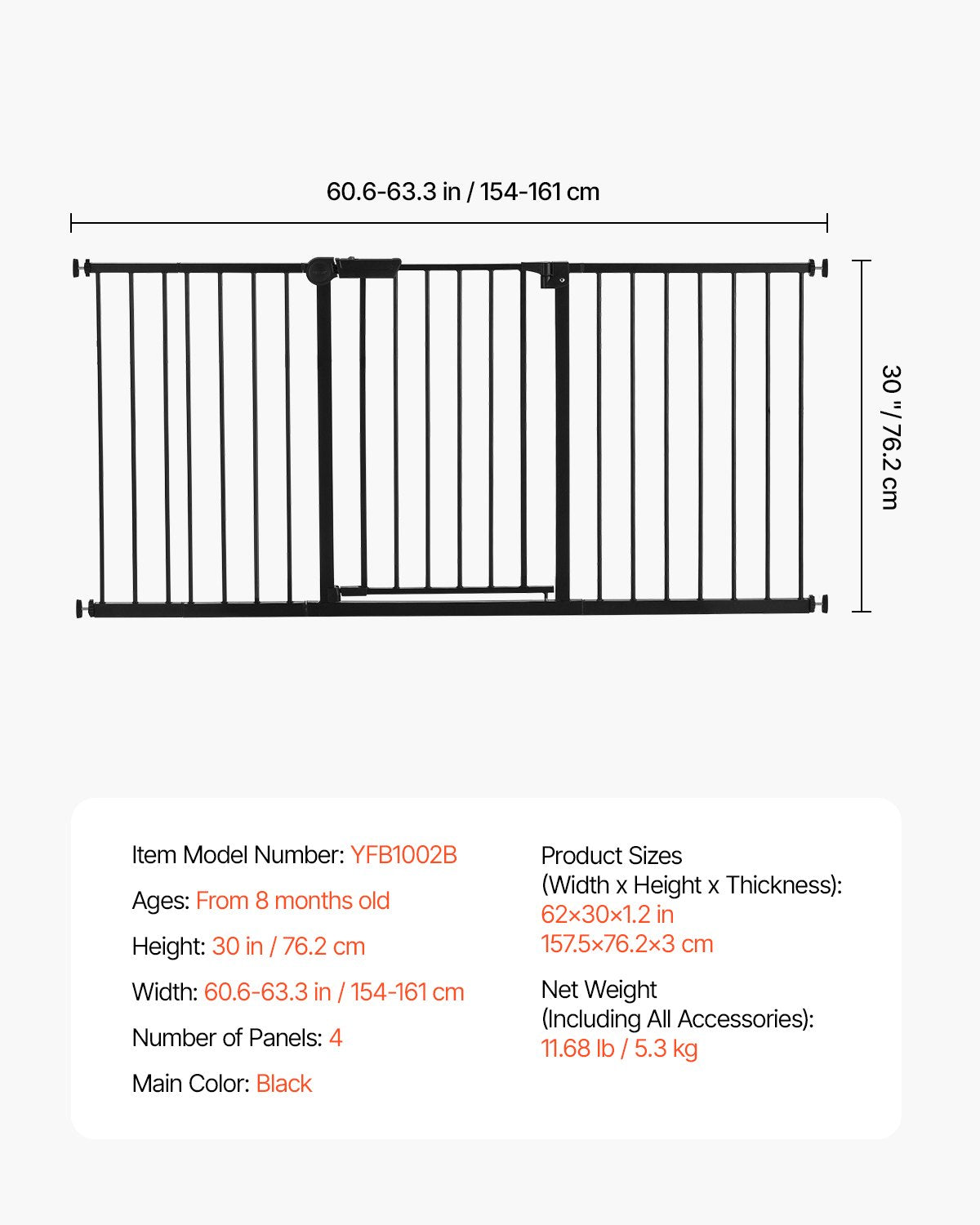 VEVOR Baby Gate 60.6-63.3 Inches Adjustable Width 30 Inches High Dog Gate Black