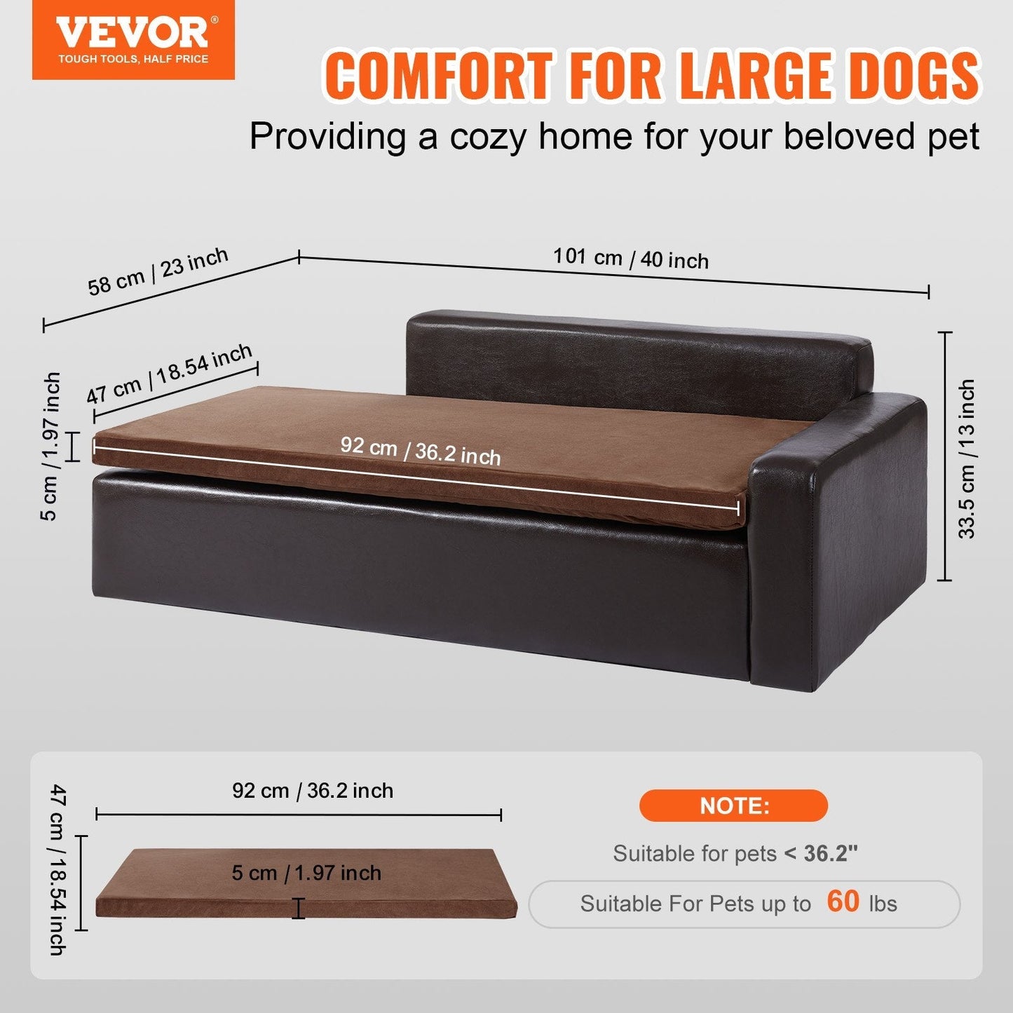 VEVOR Pet Sofa, Dog Couch for Large-Sized Dogs and Cats, Soft Leather Dog Sofa Bed, 110 lbs Loading Cat Sofa, Brown