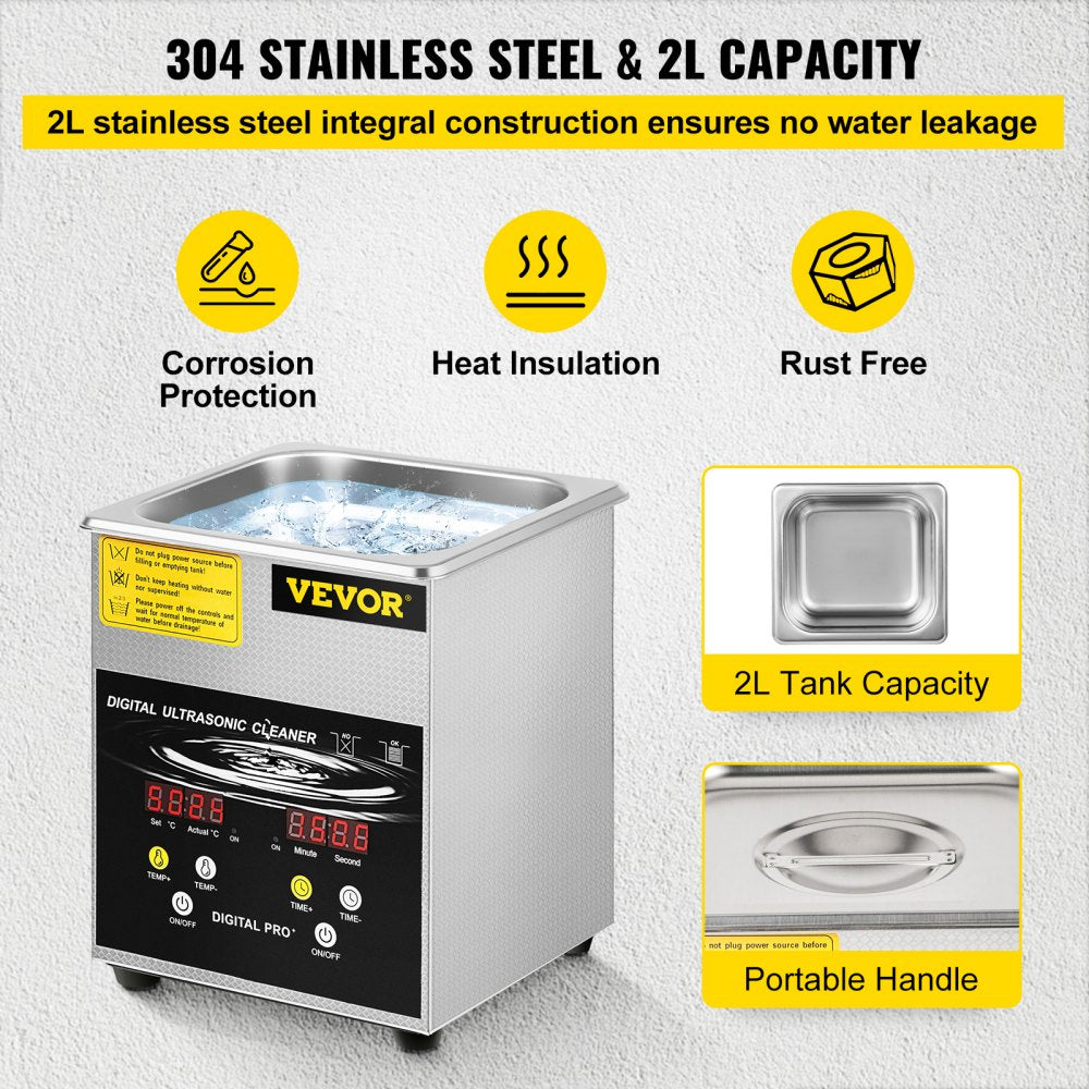 VEVOR Ultrasonic Cleaner 2L Stainless Steel 260W Industry Heated w/Timer Heater