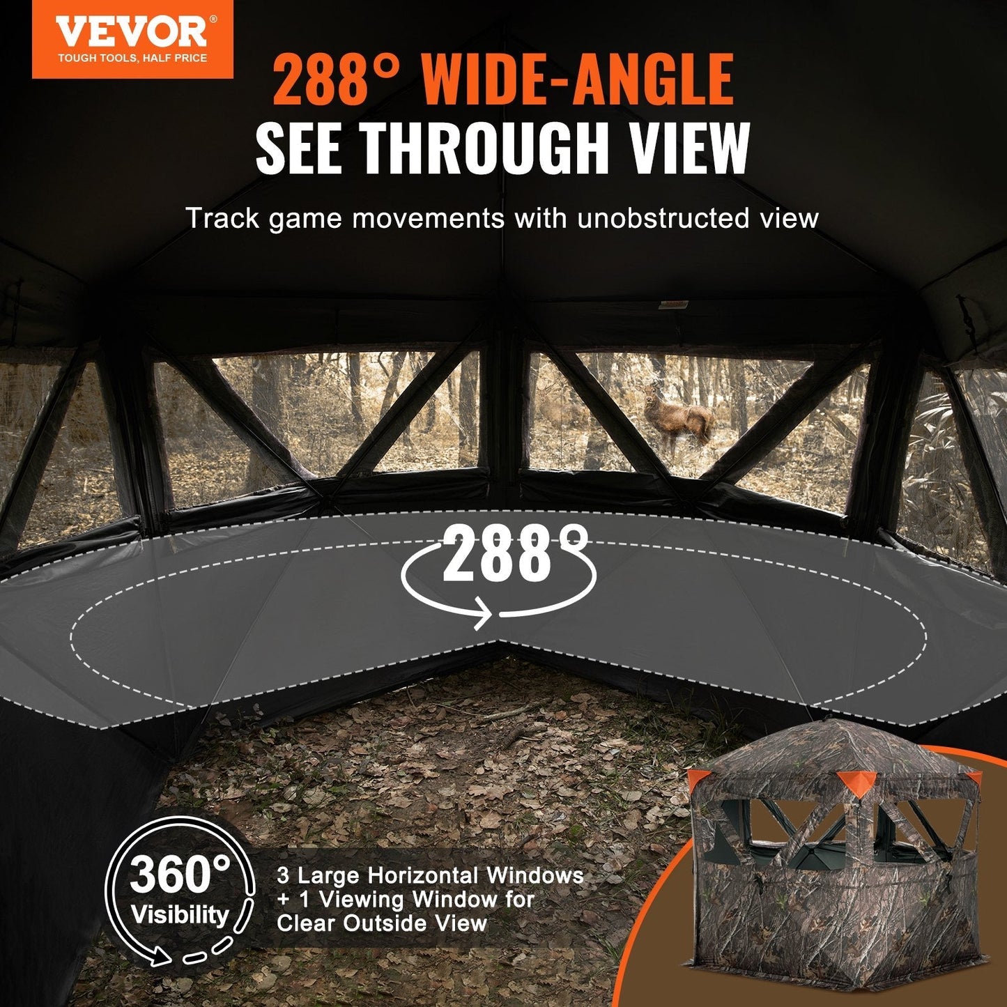 VEVOR Hunting Blind 288° See Through Ground Blind 4 Windows Mesh for 6-7 Person