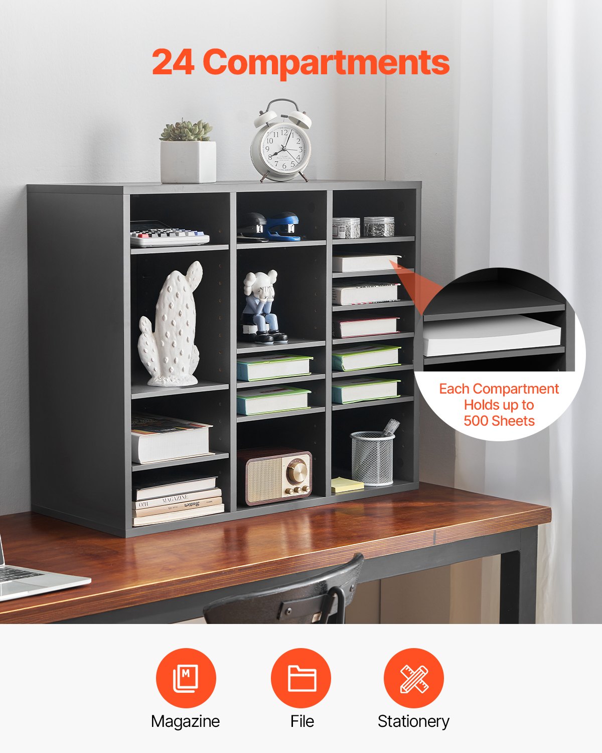 VEVOR Wooden Literature Organizer 24 Compartments with Adjustable Shelves Grey