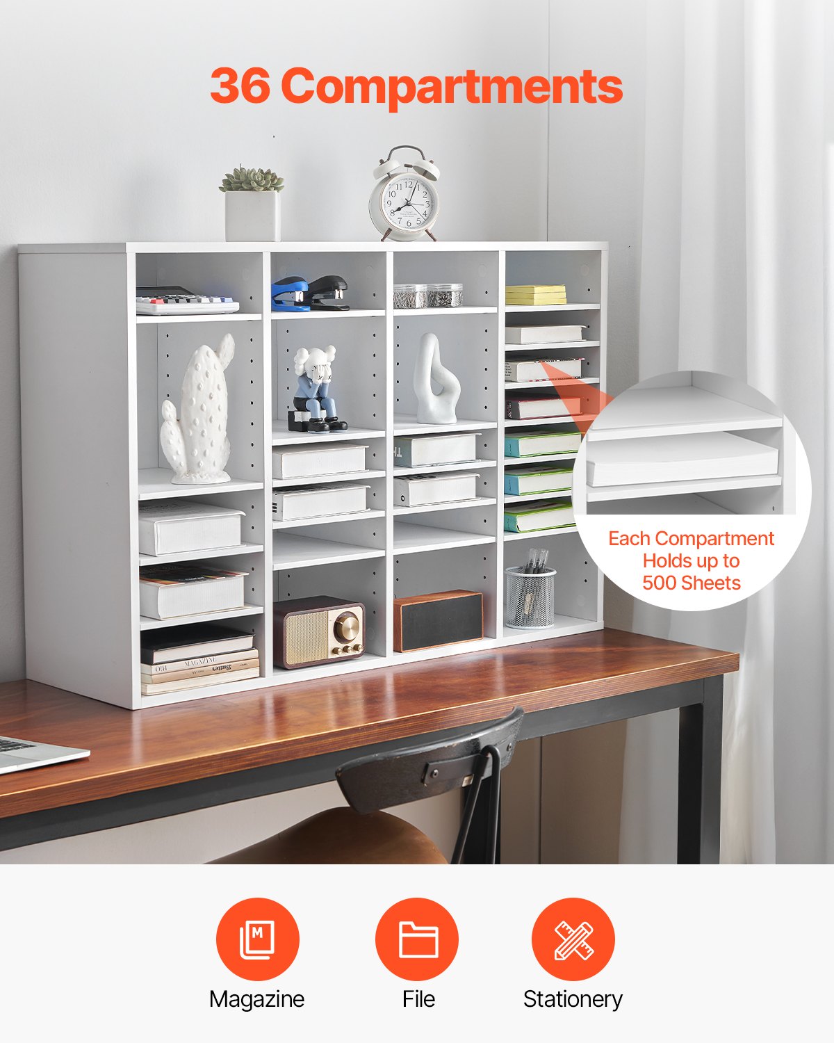 VEVOR Wooden Literature Organizer 36 Compartments with Adjustable Shelves White