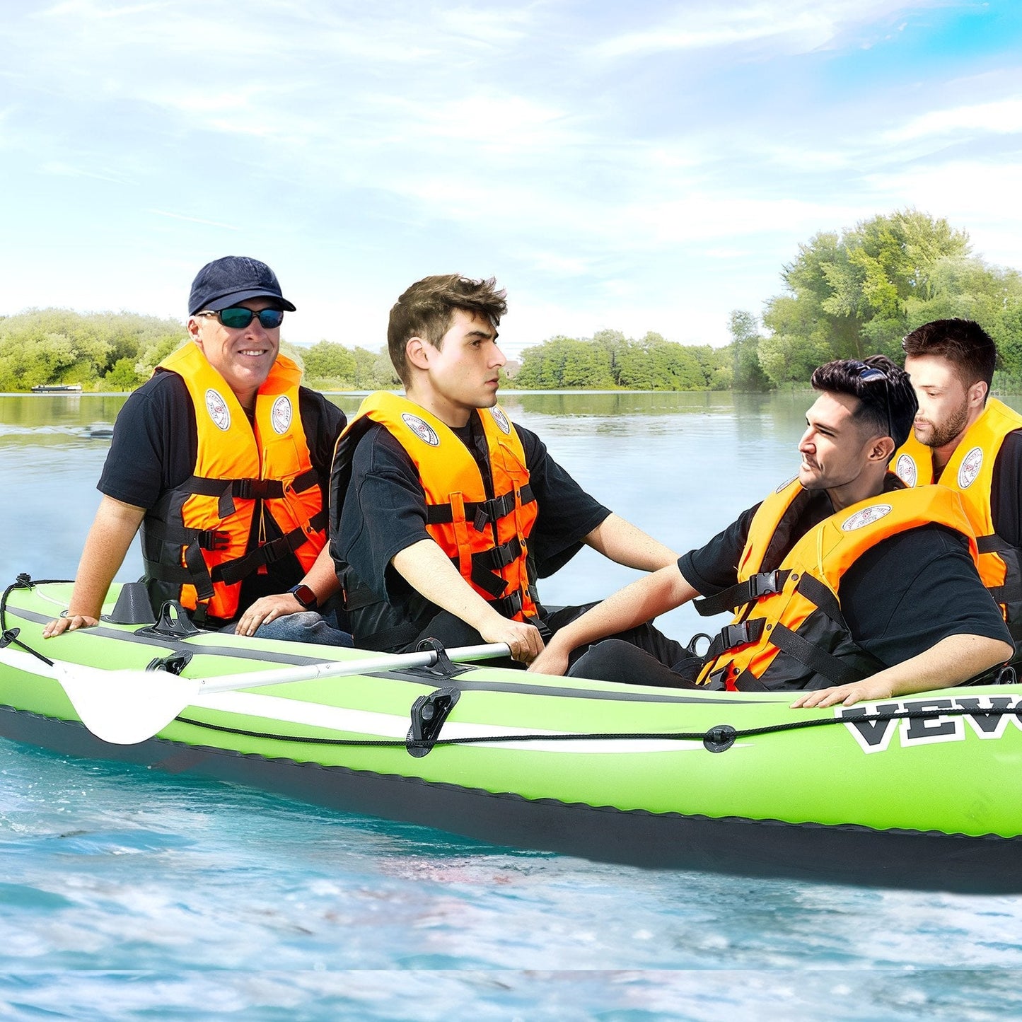 VEVOR Inflatable Boat, 4-Person Inflatable Fishing Boat, Strong PVC Portable Boat Raft Kayak, 45.6" Aluminum Oars, High-Output Pump, Fishing Rod Holders, and 2 Seats, 1100 lb Capacity for Adults, Kids