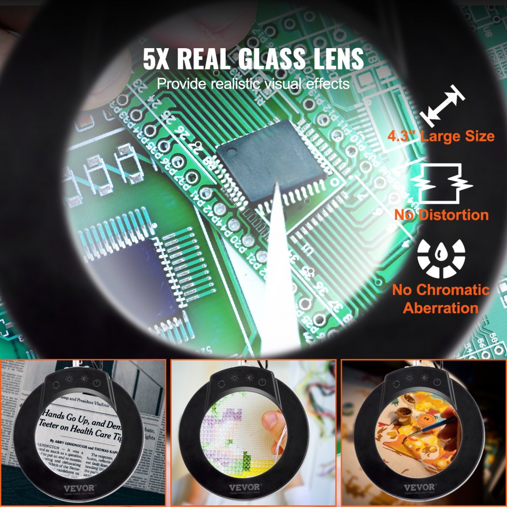 VEVOR Magnifying Glass with Light & Base 5X Magnifying Lamp 4.3