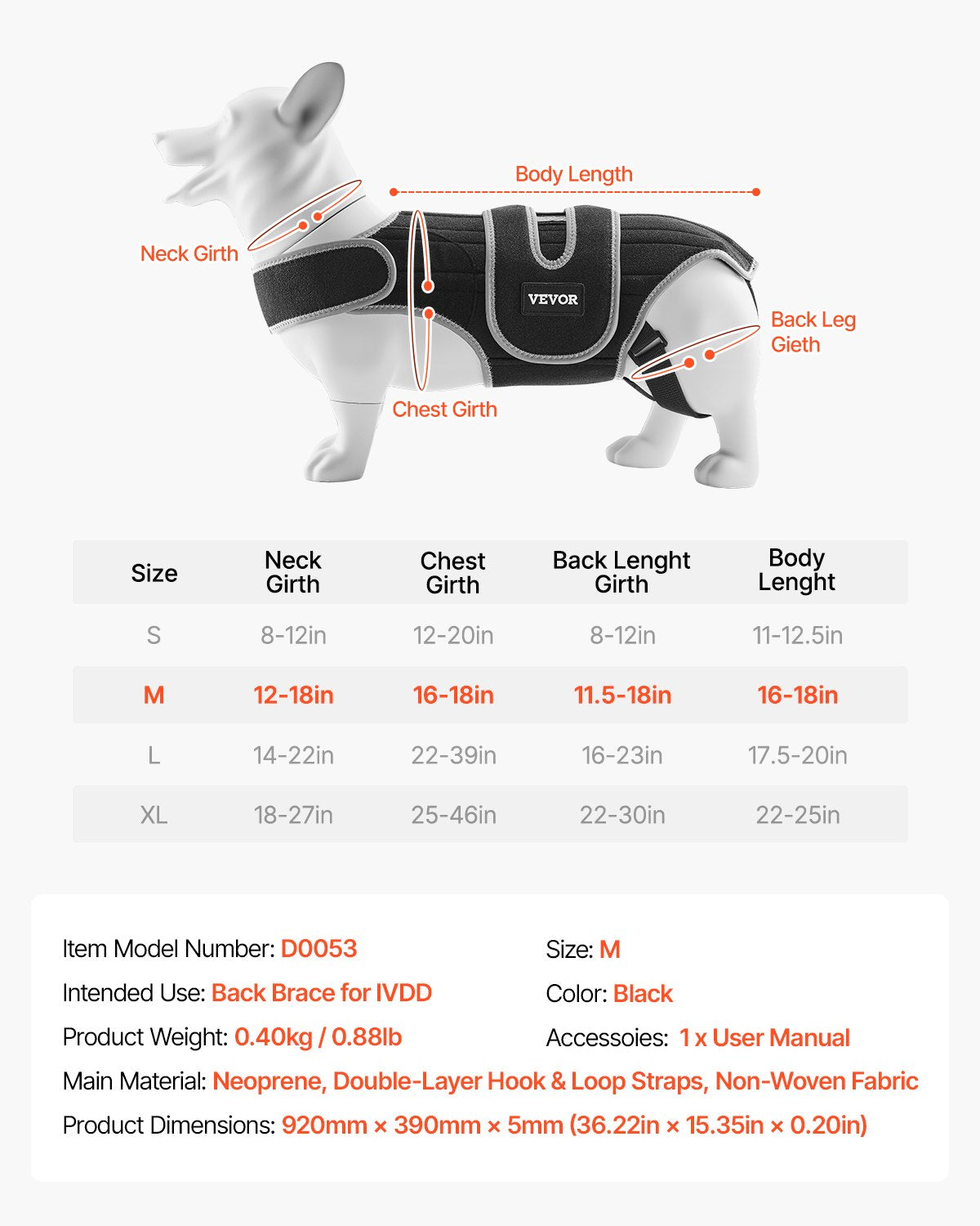 VEVOR Dog Back Brace Adjustable Dog Spine Support Harness for IVDD Pain Relief