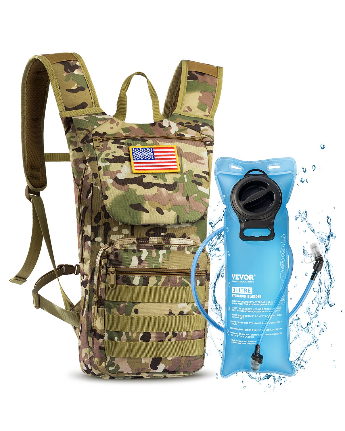 VEVOR Tactical Molle Hydration Pack Backpack 3L TPU Water Bladder Cycling Hiking