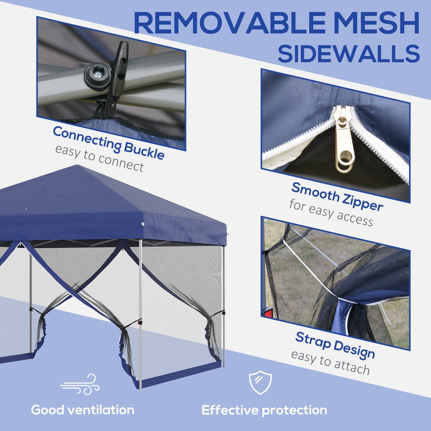 Outsunny 10' x 10' Pop-Up Party Tent Outdoor Canopy Tent with Mesh Sidewalls, 3-Level Adjustable Height, Roller Bag, Blue