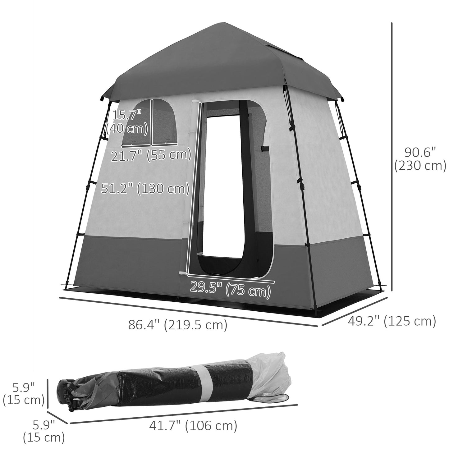 Outsunny Outdoor Portable Pop Up Shower Tent Changing Tent Privacy Enclosure with 2 Rooms, Shower Bag, Floor for Camping, Dark Grey