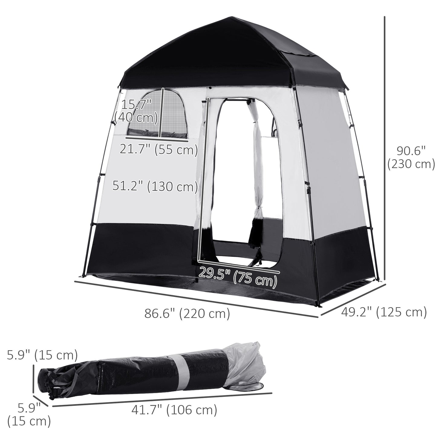 Outsunny Outdoor Portable Pop Up Shower Tent Changing Tent Privacy Enclosure with 2 Rooms, Shower Bag, Floor for Camping, Black