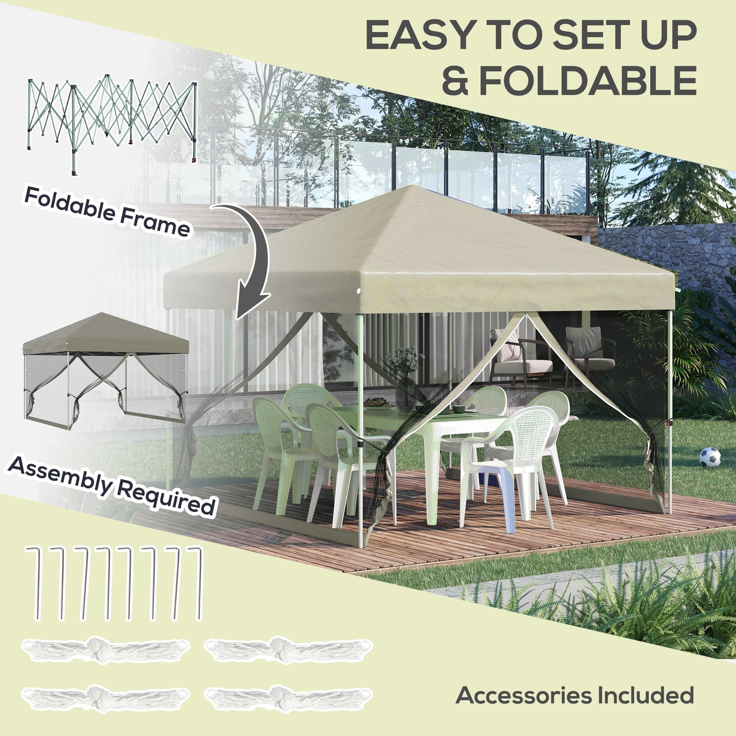 Outsunny 10' x 10' Pop-Up Party Tent Outdoor Canopy Tent with Mesh Sidewalls, 3-Level Adjustable Height, Roller Bag, Beige